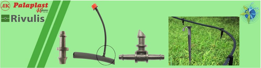 Micro-irrigation accessories for drip and automatic watering systems, including connectors, tees, plugs, and emitters.